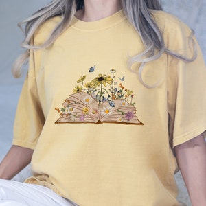 Comfort Colors Book Shirt, Book Lover Shirt, Book Flower Shirt, Reading Book Shirt, Gift For Librarian, Women&#39;s Cute Book Shirt, Book Nerd