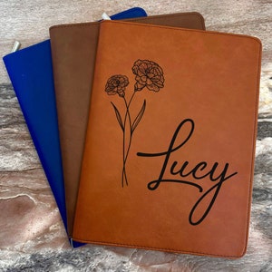 Birth Month Flower Leather Journal, Personalized Refillable Portfolio, Custom Portfolio With Zipper, Handmade Portfolio, Birth Month Flower