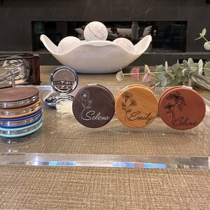 Birth Month Flower Compact Mirror, Personalized Compact Mirror, Unique Gift for Bridesmaid, Vegan Leather Compact Mirror, Initial Pocket