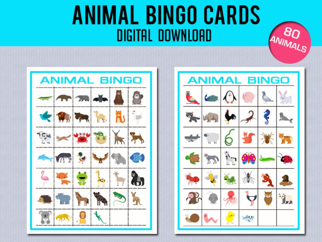 Animal Bingo 10 Unique Printable Bingo Cards Animal Game Etsy