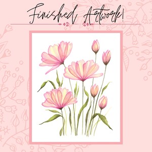 Pu&ograve; includere: Un dipinto ad acquerello di fiori rosa con steli e foglie verdi su uno sfondo bianco. I fiori sono in diverse fasi di fioritura, alcuni sono completamente aperti e altri ancora in bocciolo.