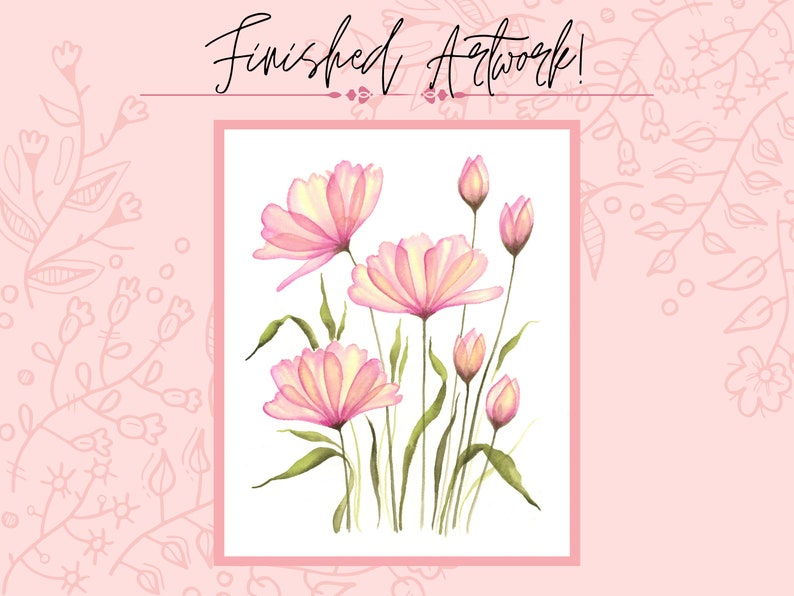 Pu&ograve; includere: Un dipinto ad acquerello di fiori rosa con steli e foglie verdi su uno sfondo bianco. I fiori sono in diverse fasi di fioritura, alcuni sono completamente aperti e altri ancora in bocciolo.