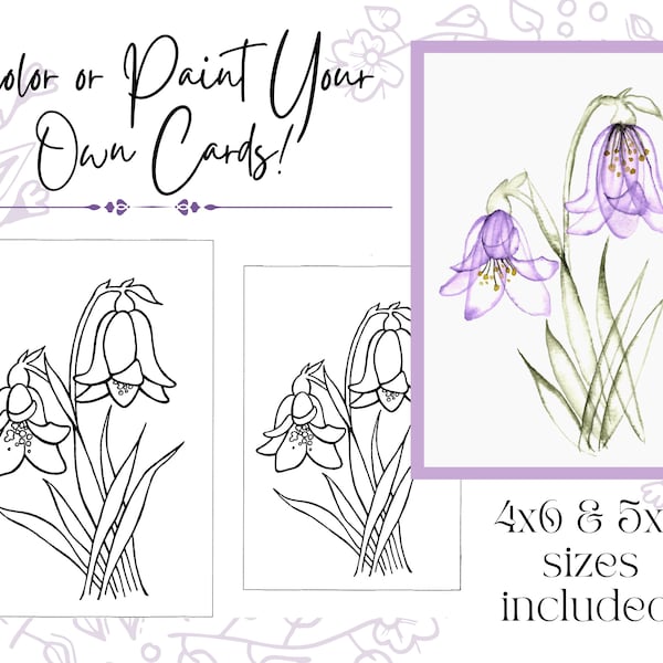 4x6 AND 5x7 Card Size Outline Drawing of Bluebell Flowers Digital Download PDF for Coloring or Painting