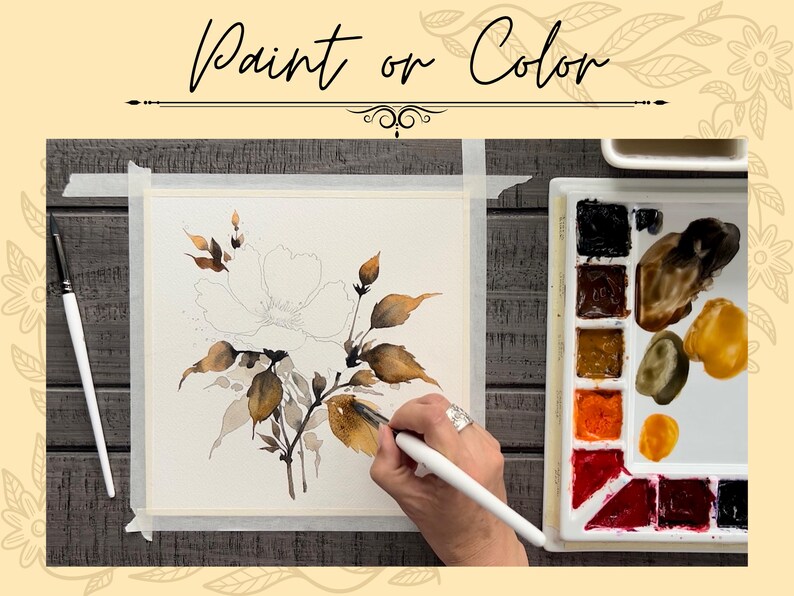 Yellow Autumn Flower Drawing Outline PDF Digital Download Template for