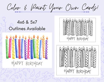 Carte d'anniversaire bougie numérique imprimable avec contour traçable à colorier ou à peindre Carte d'anniversaire à faire soi-même