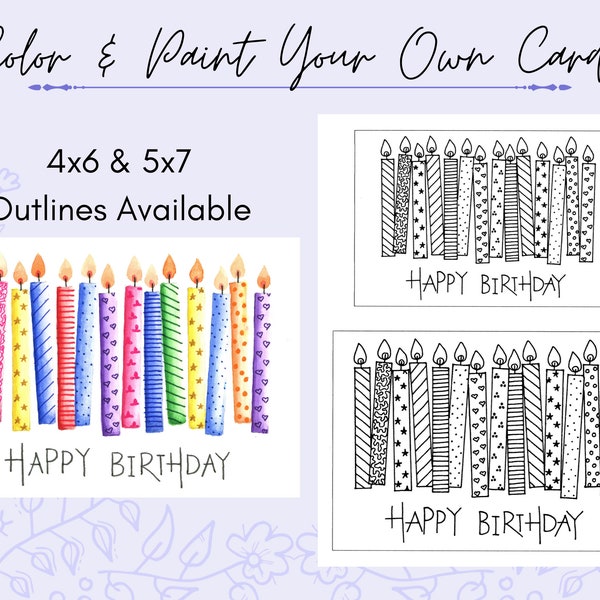 Candle Birthday Card Digital Printable Traceable Outline for Coloring or Painting DIY Birthday Card