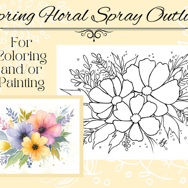 Spring Outline Flower Floral Spray Drawing for Coloring or Painting 8x10 PDF Digital Download