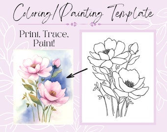 Fleur rose pâle 8 x 10 PDF contour modèle dessin pour coloriage/peinture téléchargement numérique
