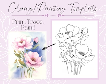 Soft Pink Flower 8x10 PDF Outline Template Drawing for Coloring/Painting Digital Download