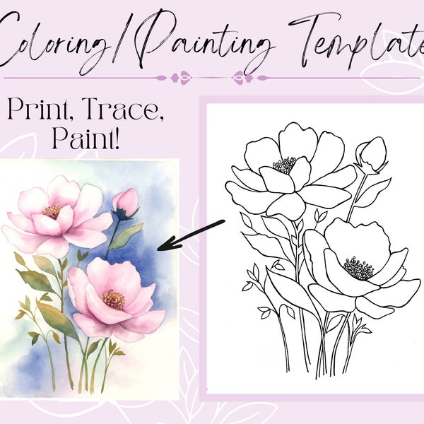Soft Pink Flower 8x10 PDF Outline Template Drawing for Coloring/Painting Digital Download