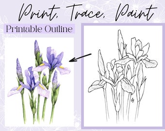 May include: Printable outline of a bouquet of purple irises with green stems. The image is labeled "Print, Trace, Paint" and "Printable Outline".