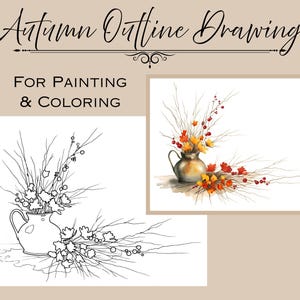 May include: Image with text reading "Autumn Outline Drawing" and "For Painting & Coloring". It shows a watercolour painting of a vase with autumn leaves and a black and white outline drawing of the same vase.