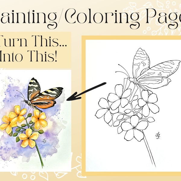 Butterfly & Flower Outline Drawing Template Coloring/Painting PDF Digital Download