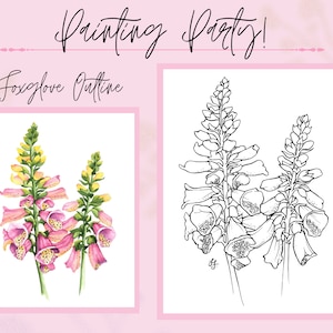 Può includere: Una pagina da colorare stampabile con un disegno a linea di due fiori di digitale. L'immagine è intitolata "Foxglove Outline" e fa parte del tema "Painting Party!".