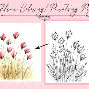 Może przedstawiać: Strona do kolorowania z konturem przedstawiająca bukiet różowych kwiatów z zielonymi łodygami i liśćmi. Obraz jest podzielony na dwie sekcje, jedną z akwarelą kwiatów, a drugą z rysunkiem liniowym kwiatów.