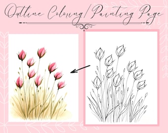 Flower Bud Rose Bud Drawing Digital PDF Outline Template Download for Painting and Coloring