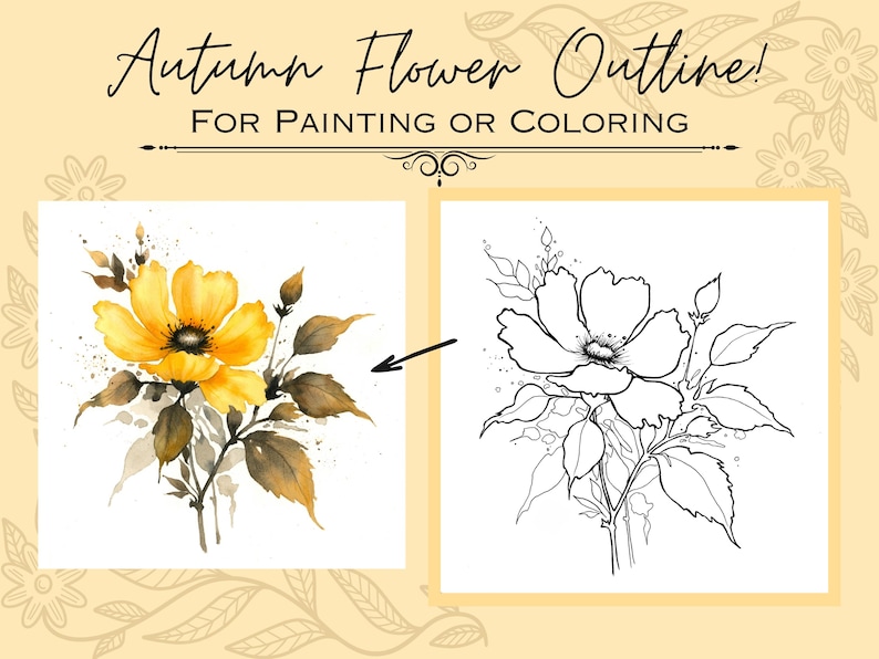 Yellow Autumn Flower Drawing Outline PDF Digital Download Template for