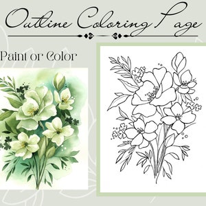 Puede incluir: Un dibujo en blanco y negro de un ramo de flores blancas con hojas verdes. Las flores están en un jarrón y el fondo es blanco. El texto "Pintar o colorear" está en la parte superior de la imagen.