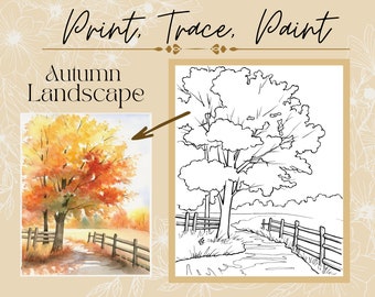 Plantilla rastreable de contorno imprimible de paisaje de árbol de otoño para dibujar, pintar o colorear página