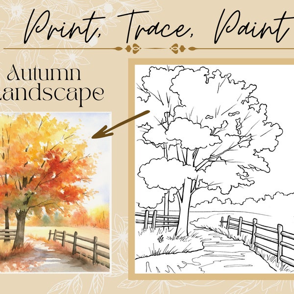 Modèle de repérage imprimable de paysage d'arbre d'automne pour dessiner, peindre ou colorier