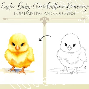 May include: An image showing a watercolour painting and a line drawing of a baby chick. The watercolour chick is yellow with orange feet and a black beak. The line drawing is in black and white. Text reads: "Easter Baby Chick Outline Drawing For Painting and Coloring."