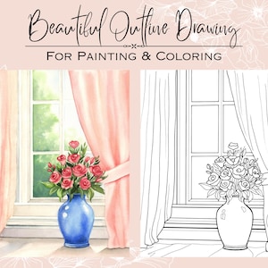 Peut inclure: Aquarelle d'un vase bleu rempli de roses rouges, près d'une fenêtre avec des rideaux roses. Le texte "Beautiful Outline Drawing For Painting & Coloring" est inclus.