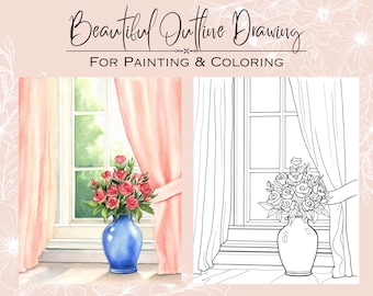Spring Flower Vase Window Scene Outline: Painting & Coloring Template (PDF Download)