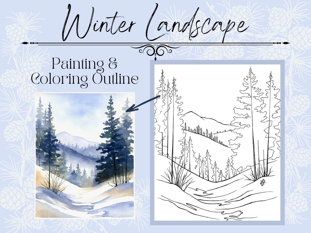 Snowy Winter Mountain Landscape Outline/template for Coloring or ...
