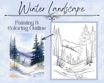 Snowy Winter Mountain Landscape Outline/Template for Coloring or Painting 8x10 Digital Printable PDF Download