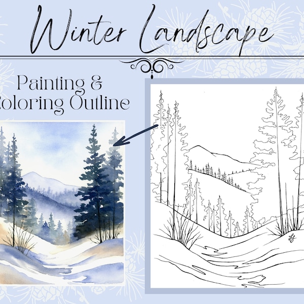 Snowy Winter Mountain Landscape Outline/Template for Coloring or Painting 8x10 Digital Printable PDF Download