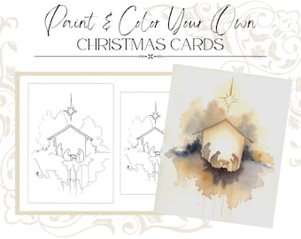 May include: Christmas card set with the text "Paint & Color Your Own CHRISTMAS CARDS." The set includes line art and a watercolor image of a nativity scene with a star. The watercolor image has brown, yellow, and blue hues.