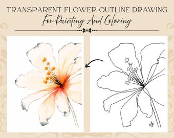 Disegno digitale di un fiore trasparente arancione e grigio in formato PDF, ideale per dipingere e colorare.