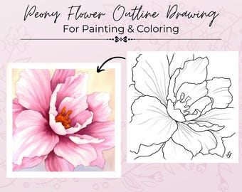 Peony Flower Outline Drawing PDF Digital Download Template for Painting and Coloring