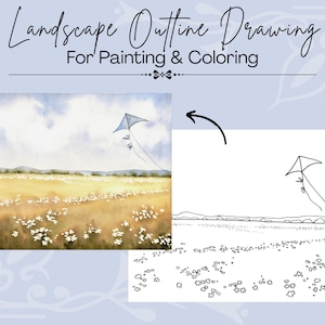 Könnte beinhalten: Eine digitale Grafik mit dem Titel Landscape Outline Drawing For Painting & Coloring, die ein Aquarellbild eines Drachens über einem Feld mit weißen Blumen sowie eine passende schwarz-weiße Linienzeichnung zum Ausmalen zeigt.