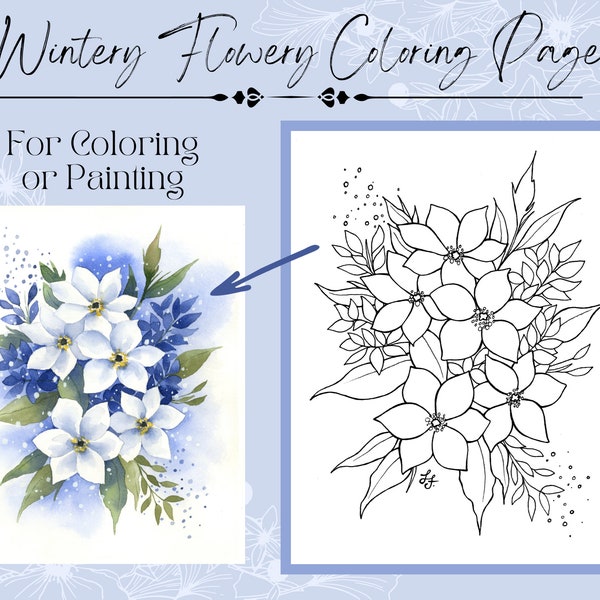 Winter Blumen Blumenarrangement Spray druckbare 8 x 10 digitaler Download Färbung/Malerei Umrisszeichnung