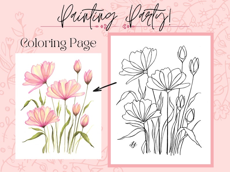 Pu&ograve; includere: Una pagina da colorare con un mazzo di fiori rosa con steli e foglie verdi. I fiori sono contornati di nero e pronti per essere colorati. Il testo "Painting Party! Coloring Page" &egrave; in cima all'immagine.