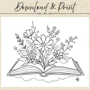 May include: A black and white line art illustration featuring an open book with a bouquet of various wildflowers and leaves emerging from the center pages. The text Download & Print is displayed at the top of the page in a cursive script.