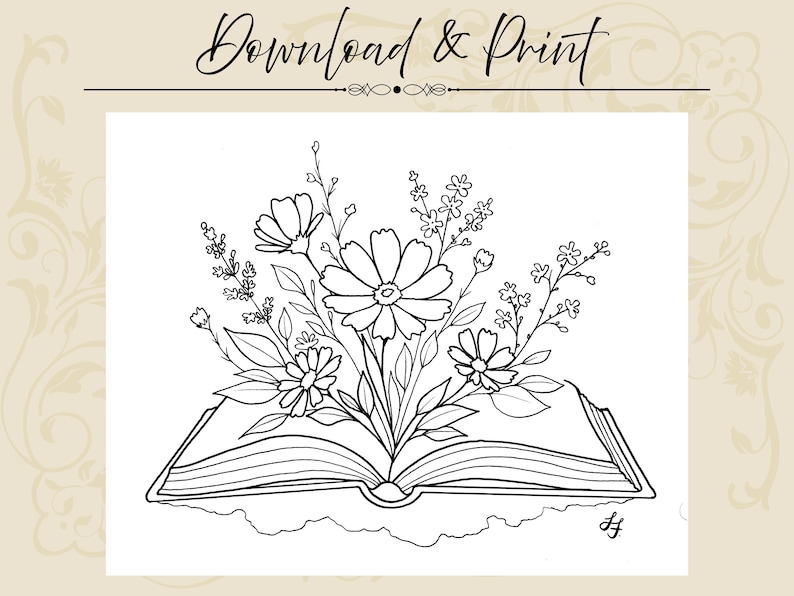 May include: A black and white line art illustration featuring an open book with a bouquet of various wildflowers and leaves emerging from the center pages. The text Download & Print is displayed at the top of the page in a cursive script.