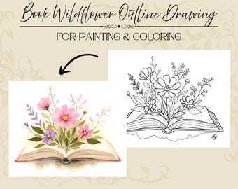 Book Wildflower Outline Drawing PDF Digital Download Template for Painting and Coloring