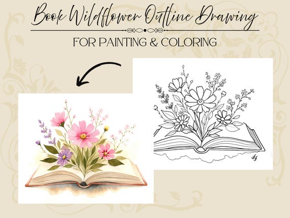 Book Wildflower Outline Drawing PDF Digital Download Template for Painting and Coloring
