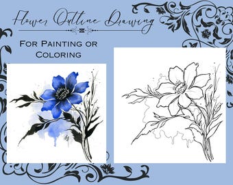 Blue and Black Flower Outline Drawing for Coloring or Painting Digital Download PDF Printable Traceable Template