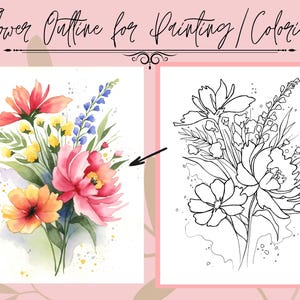 明るい夏の花束のアウトライン描画（着色またはペイント用）デジタル PDF ダウンロード
