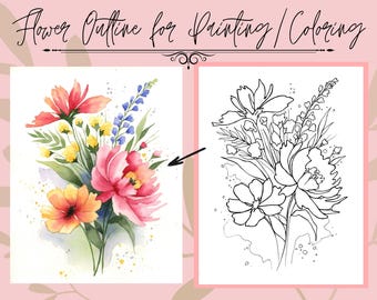 Bright Summer Flower Bouquet Outline Drawing for Coloring or Painting Digital PDF Download