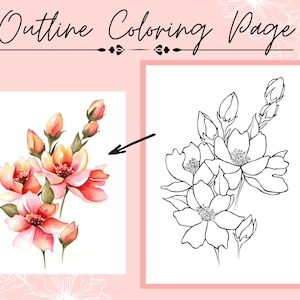 Pink and Orange Flower and Bud Drawing Printable PDF Outline for Coloring or Painting image 1