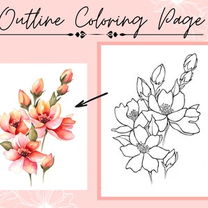 Afdrukbare pdf-tekening met roze en oranje bloem en knop om in te kleuren of te schilderen