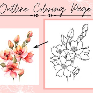 Pink and Orange Flower and Bud Drawing Printable PDF Outline for Coloring or Painting image 1