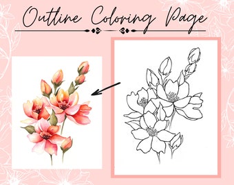 Esquema en PDF imprimible de dibujo de flores y capullos de color rosa y naranja para colorear o pintar