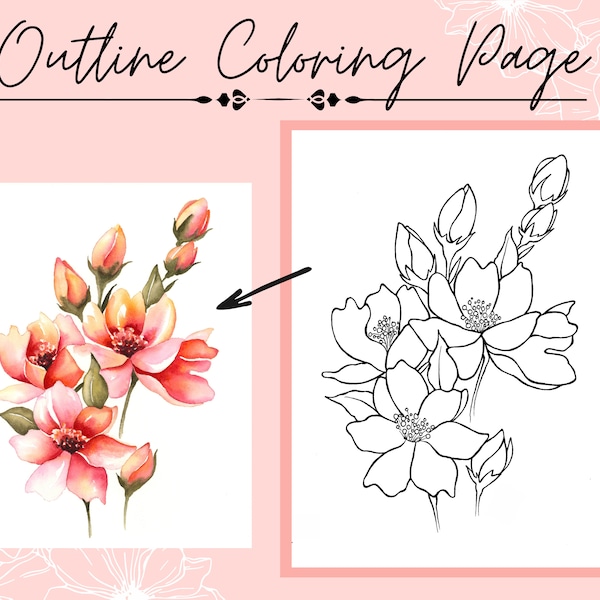 Pink and Orange Flower and Bud Drawing Printable PDF Outline for Coloring or Painting