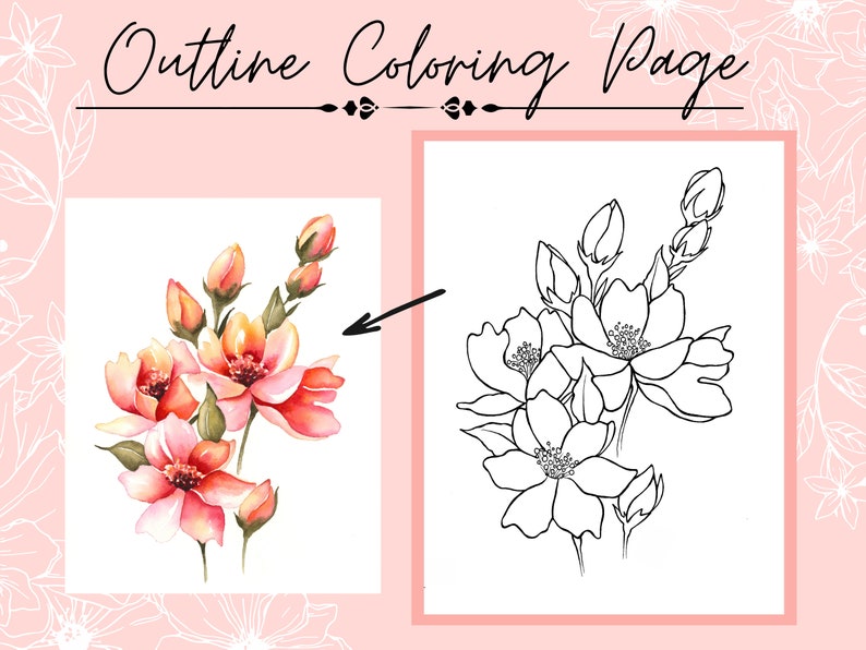 Pink and Orange Flower and Bud Drawing Printable PDF Outline for Coloring or Painting zdjęcie 1