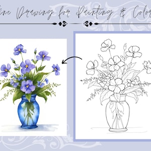 Blauwe vaas met bloemen tekening overzichtssjabloon digitale pdf afdrukbare traceerbare download om te schilderen en in te kleuren